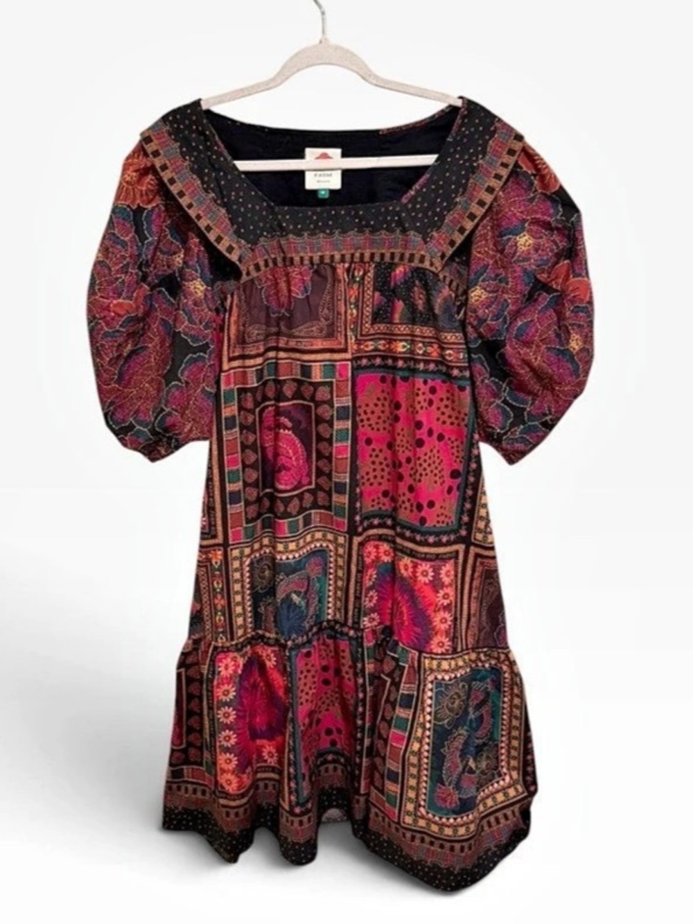 FARM Rio Patchwork Scarf Print Puff Sleeve Mini Dress Square Neck M NWOT